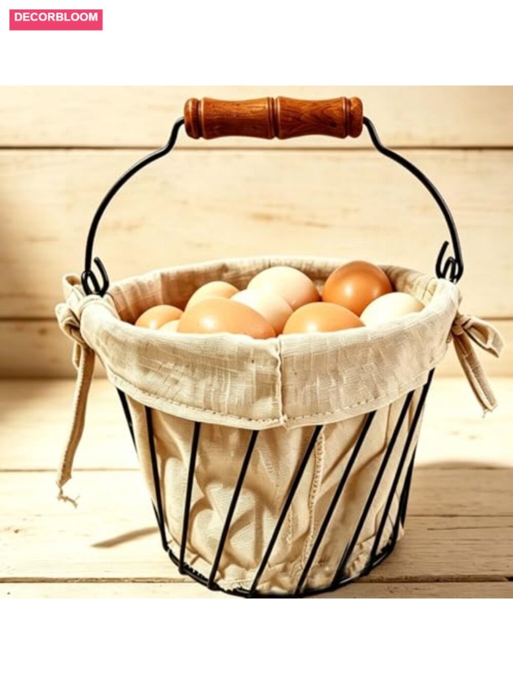 Wire Egg Basket Wooden Handle Cloth Liner 15-24 Egg Farmhouse Coop